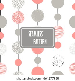 Abstract seamless pattern with circles and dots in modern colors and textures. Vector illustration of garlands. Abstract geometric background in a gently pink color, gray, white and black.