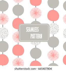 Abstract seamless pattern with circles and dots in modern colors and textures. Vector illustration of garlands. Abstract geometric background in a gently pink color, gray, white and black.