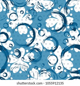 Abstract seamless pattern, circles and flowers. Blue and white colors, vector.