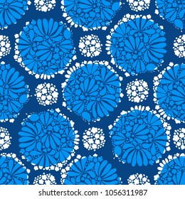 Abstract seamless pattern. Circles and flowers, white and blue, vector illustration, graphic.