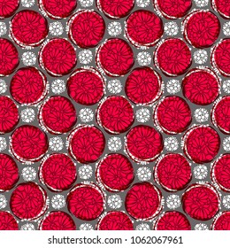 Abstract seamless pattern. Circles and flowers, white, grey and red vector illustration, graphic.