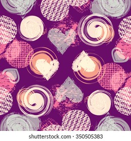 Abstract seamless pattern with circles and hearts.  Vector illustration background. 