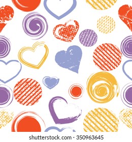Abstract seamless pattern with circles and hearts.  Vector illustration background. 