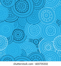 Abstract seamless pattern of circles, lines and dots. Blue hand-drawn circles