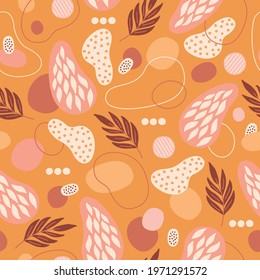Abstract seamless pattern with circles, palm leaves, lines on yellow background. Perfect for wallpaper, wrapping paper, summer greeting cards. Scandinavian style. Hand drawn vector illustration