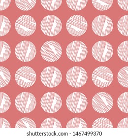 Abstract seamless pattern with circles. Pink background with white polka dots. Template design for invitation, poster, card, flyer, banner.