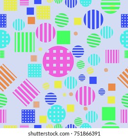 Abstract seamless  pattern with circles, quadrangles, stripes, weave.