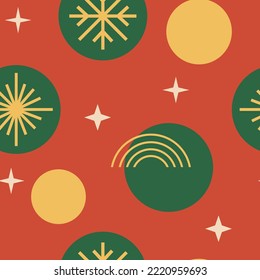 Abstract seamless pattern with circles, snowflakes and stars. Christmas holiday vector background