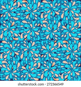 Abstract seamless pattern with circles, squares and swirls in blue colors