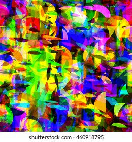Abstract seamless pattern of circles, stripes and spots of various sizes and shapes. Colorful vector background. For fabric, home design, book covers, printing.