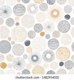 Abstract seamless pattern with circles textures. Vector doodle print in pastel colors on white background.