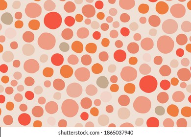 Abstract seamless pattern with circles in a trendy color palette (coral, orange, pink) on a white background. Creative polka dot texture in a simple grunge style. Geometric print. Vector design.