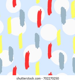 Abstract seamless pattern with circles and vertical brush strokes. Drawn by hand. Sketch, ink, watercolor. Blue, white, yellow, red colour. Vector illustration.