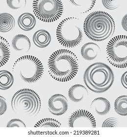 Abstract seamless pattern with  circular halftone dots forms. Swirl geometric design. Vector illustration background.