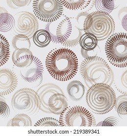 Abstract seamless pattern with  circular halftone dots forms. Swirl geometric design. Vector illustration background.