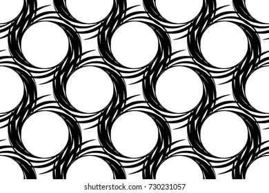 Abstract seamless pattern of circular items with pointed ends in black and white style