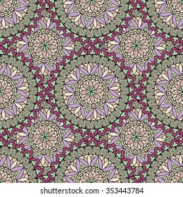 Abstract seamless pattern with circular ornament Swirl geometric doodle texture. Ornamental tiled oriental background.