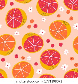 Resumen de un patrón sin fisuras con cítricos y bayas. Textura dibujada a mano. Excelente para tela infantil, textiles para el hogar. Ilustración vectorial