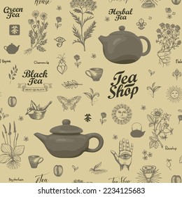 Abstract seamless pattern with clay teapots, hand-drawn herbs and inscriptions. Vector background on a tea theme in retro style. Suitable for wallpaper, wrapping paper, fabric. Chinese hieroglyph Tea