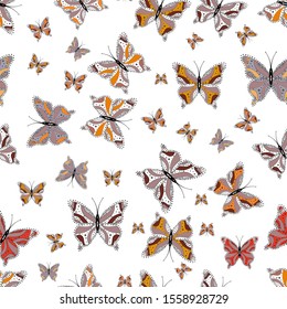 Abstract seamless pattern for clothes, boys, girls, wallpaper. Hand-drawn illustration. Vector. Beautiful background of colorful butterflies.