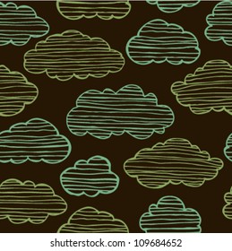 Abstract seamless pattern with clouds. Colorful stylized hand drawn  cloudy texture on brown background