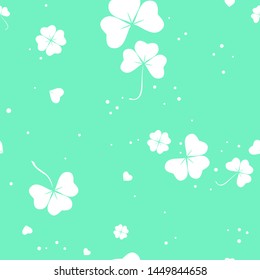 Abstract seamless pattern with clover leafs on green background. Vector illustration. Template for apparel prints, fashion, textile design, web background. Saint Patrick's Day holiday decoration