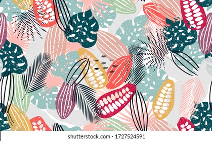 Abstract Seamless Pattern with Cocoa Beans and Tropical Leaves. Chocolate Background. Vector illustration.