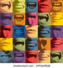 Abstract seamless pattern with a collage of colored square fragments that depict human mouths expressing various emotions. Bright vector background, suitable for Wallpaper, wrapping paper, fabric