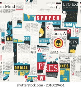 Abstract seamless pattern with a collage of colored magazine and newspaper clippings. Vector background with unreadable text, headlines and illustrations. Wallpaper, wrapping paper or fabric design