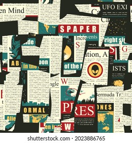 Abstract seamless pattern with a collage of colored magazine and newspaper clippings. Vector background with unreadable text, headlines, illustrations in retro style. Wallpaper, wrapping paper, fabric