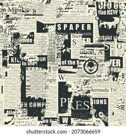 Abstract seamless pattern with collage of illegible newspaper clippings and handwritten scribbles. Monochrome vector background in grunge style. Suitable for wallpaper, wrapping paper or fabric design