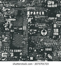 Abstract seamless pattern with collage of illegible newspaper clippings and handwritten scribbles. Monochrome vector background in grunge style. Suitable for wallpaper, wrapping paper design