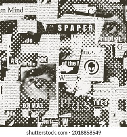 Abstract seamless pattern with a collage of magazine and newspaper clippings in grunge style. Vector background, wallpaper, wrapping paper or fabric with unreadable text, titles and illustrations