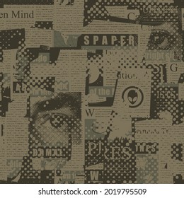 Abstract seamless pattern with a collage of magazine and newspaper clippings. Dark vector background with unreadable text, titles and illustrations. Suitable for wallpaper, wrapping paper or fabric