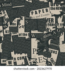 Abstract seamless pattern with a collage of magazine and newspaper clippings. Vector background with illegible text, titles and illustrations on a black. Wallpaper, wrapping paper, fabric