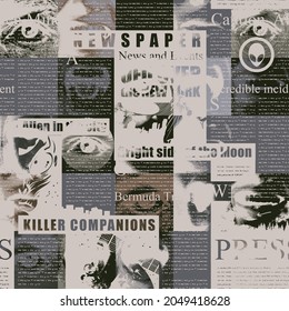 Abstract seamless pattern with a collage of newspaper or magazine clippings. Vector background with unreadable text, illustrations and titles with disturbing content. Wallpaper, wrapping paper, fabric