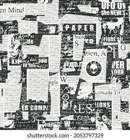 Abstract seamless pattern with collage of newspaper clippings and scribbles. Monochrome vector background with illegible text and titles. Suitable for grunge style wallpaper, wrapping paper or fabric