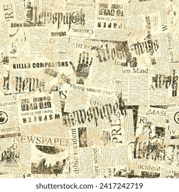 Abstract seamless pattern with a collage of newspaper clippings. Black and white background with unreadable text, titles and illustrations. Wallpaper, wrapping paper or fabric in retro style