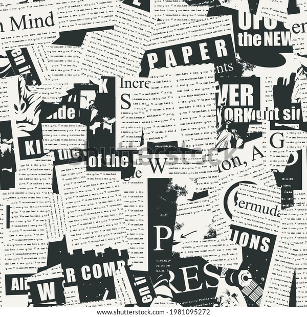 Abstract seamless pattern with a collage of\
newspaper clippings. Black and white background with unreadable\
text, titles and illustrations. Wallpaper, wrapping paper or fabric\
in retro style