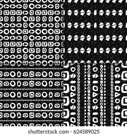 Abstract seamless pattern collection. Black and white grunge backgrounds with simple geometric shapes.