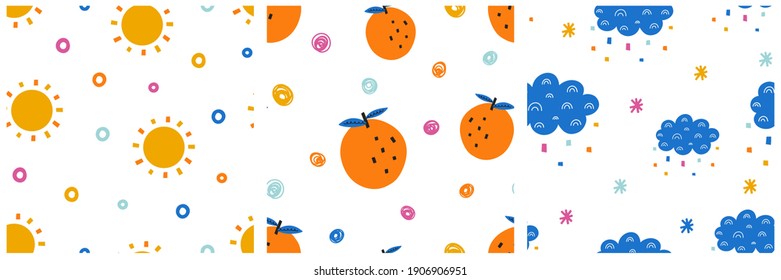 Abstract seamless pattern collection with sun, oranges and clouds with rainbows and abstract elements isolated on white background. Colorful minimalist style vector illustration.