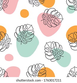 Abstract seamless pattern with coloful geometric shapes and contour monstera leaves on white background. Scandinavian style. Perfect for child holidays, wallpaper, gift paper, textile 