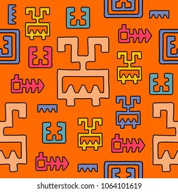 Abstract seamless pattern with color ancient mexican symbols. Orange vector background. Cool for fabric, cloth, as fashion background,textile,wallpaper,tile,wrapping,covers,carpet and home decor.