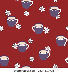 Abstract seamless pattern with color cups. Kitchen doodle background. Design for poster, fabric, textile.