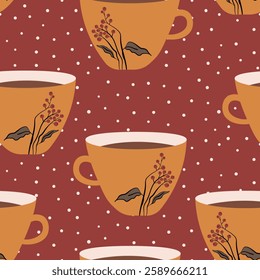 Abstract seamless pattern with color cups. Kitchen doodle background. Design for poster, fabric, textile.