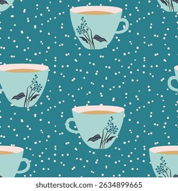 Abstract seamless pattern with color cups. Kitchen doodle background. Design for poster, fabric, textile.