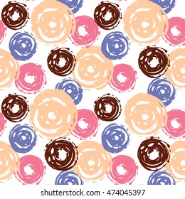 Abstract seamless pattern with color dots. Hand drawn sketch elements in decorative fashion style. Bakery, ice-cream dessert inspired illustration.