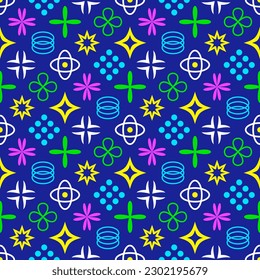 Abstract seamless pattern with color geometric Y2K figures on blue background. Vector illustration with brutalist minimalistic design elements.  Aesthetic contemporary shapes for swiss design