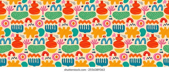 Abstract seamless pattern with color pencil shapes, figures and freeform blobs. Modern trendy vector seamless background with various plants and doodles in hand drawn color crayon pencil style.