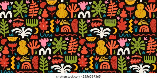 Abstract seamless pattern with color pencil shapes, figures and freeform blobs. Modern trendy vector seamless background with various plants and doodles in hand drawn color crayon pencil style.